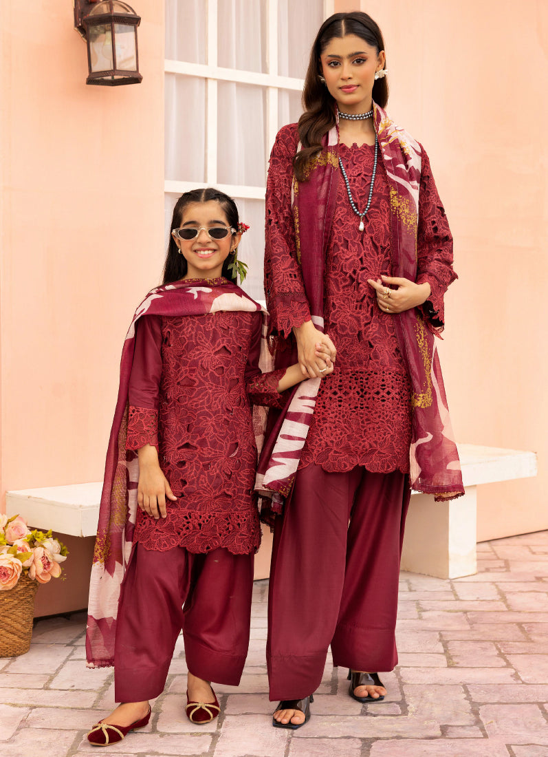 Kid's Maroon Cutwork Suit Set