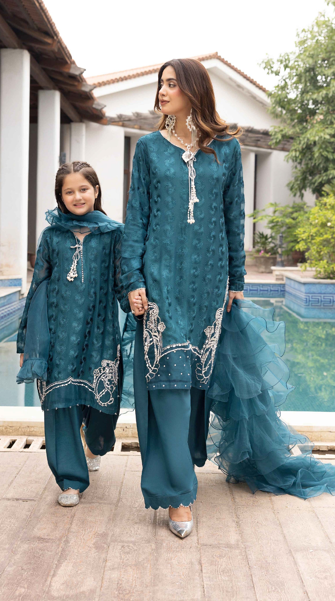 Teal Mini Mehr Chikankari Chiffon Farshi Salwar Set