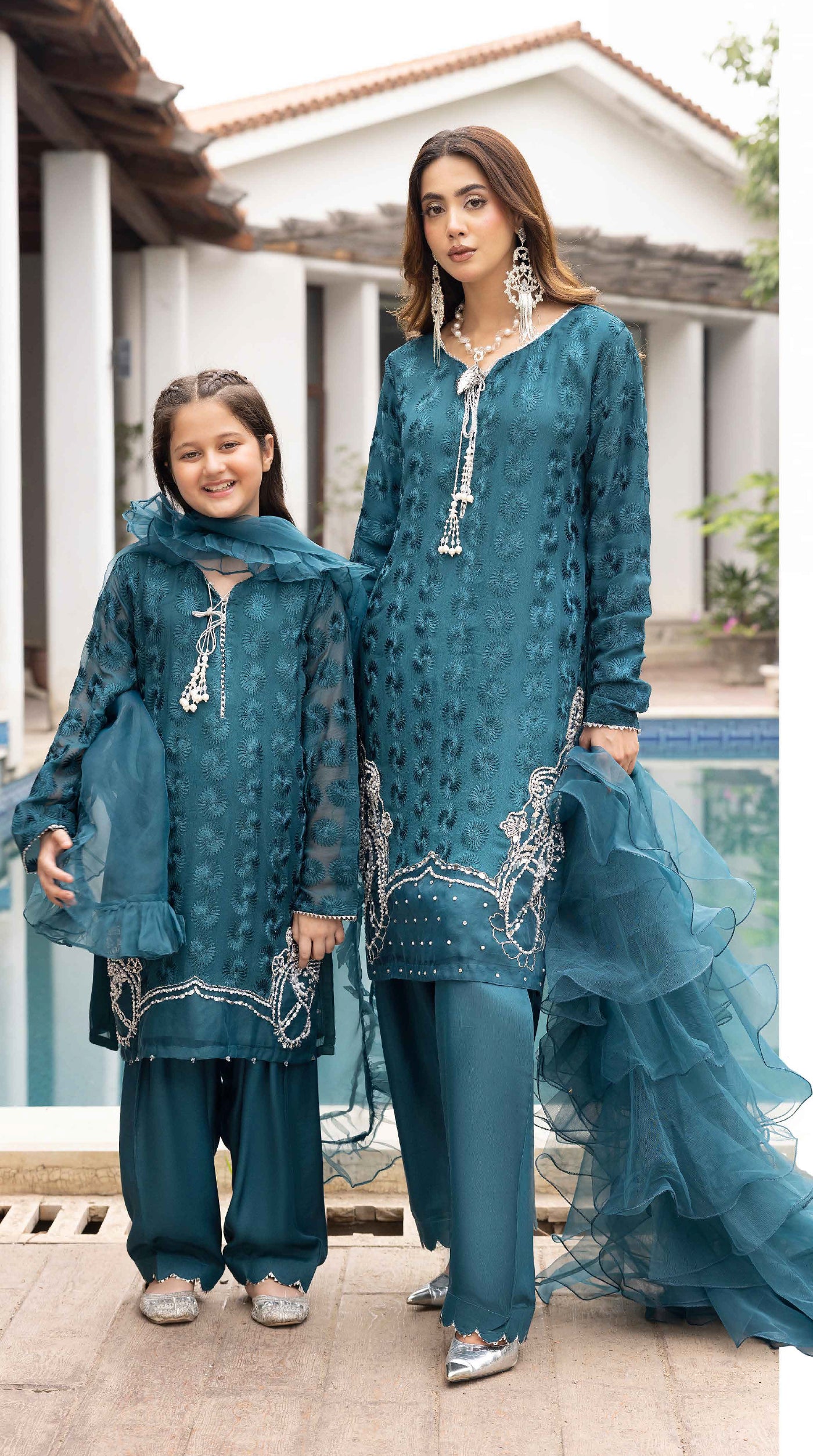 Teal Mini Mehr Chikankari Chiffon Farshi Salwar Set