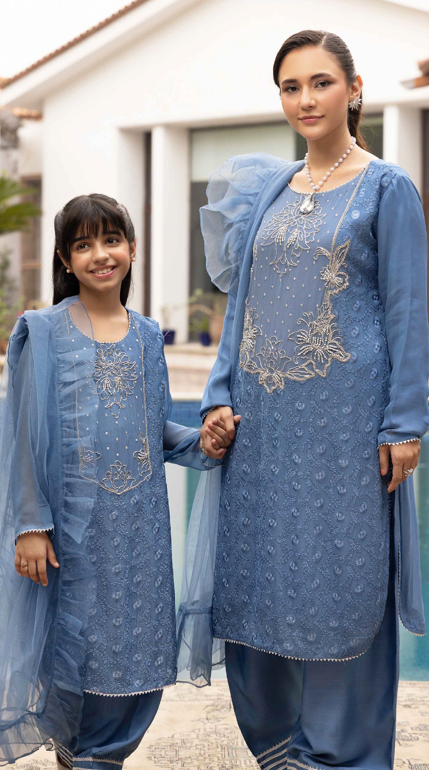 Blue Mini Elara Chikankari Chiffon Farshi Salwar Set