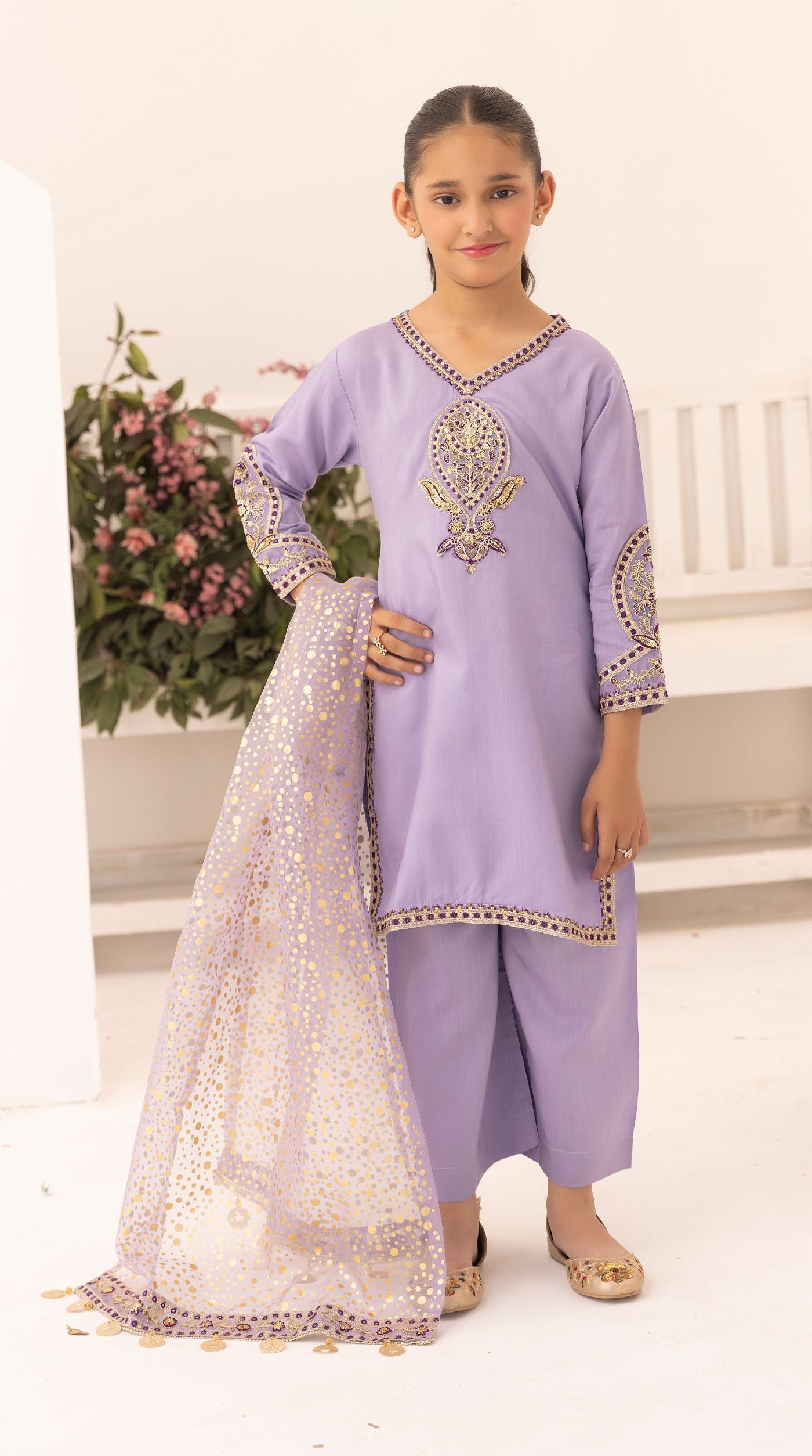 Kid's Lilac Viscose Embroidered Kurta Palazzo Set
