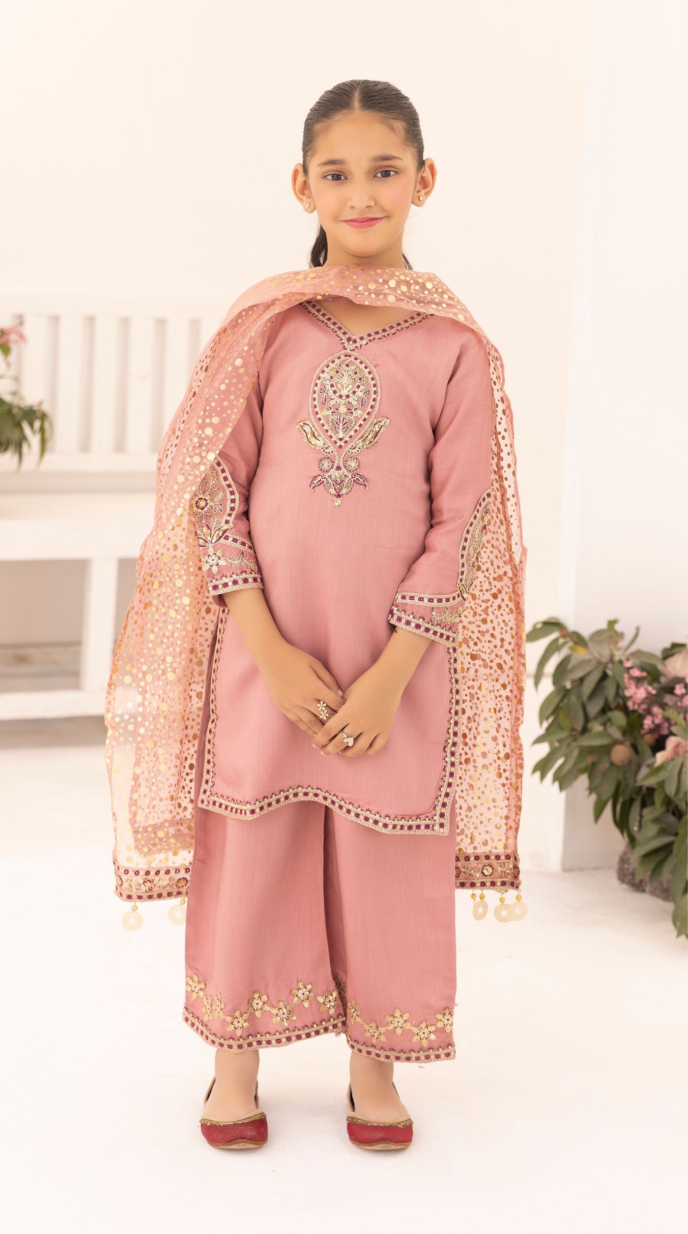 Kid's Dusty Pink Viscose Embroidered Kurta Palazzo Set