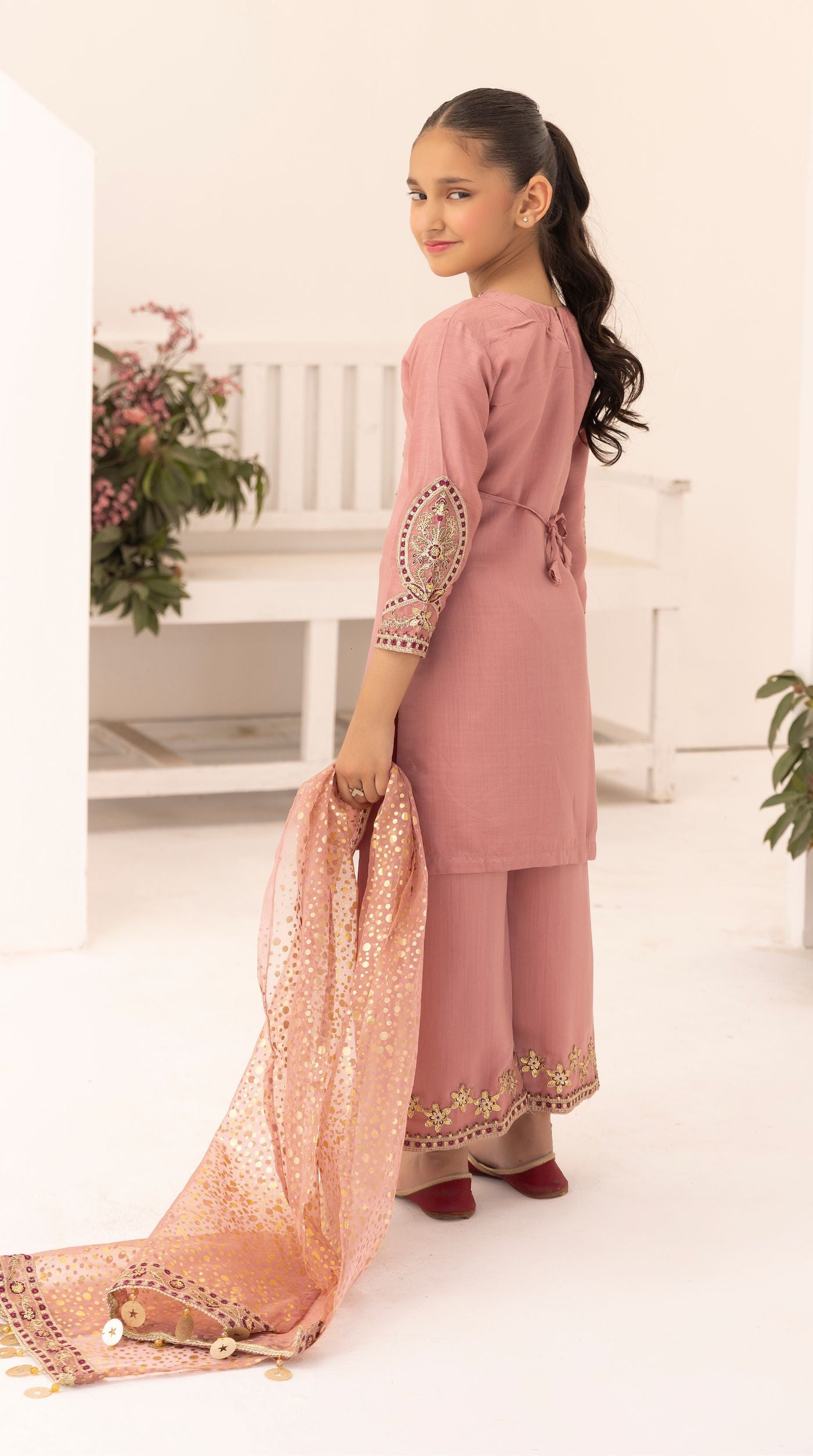 Kid's Dusty Pink Viscose Embroidered Kurta Palazzo Set