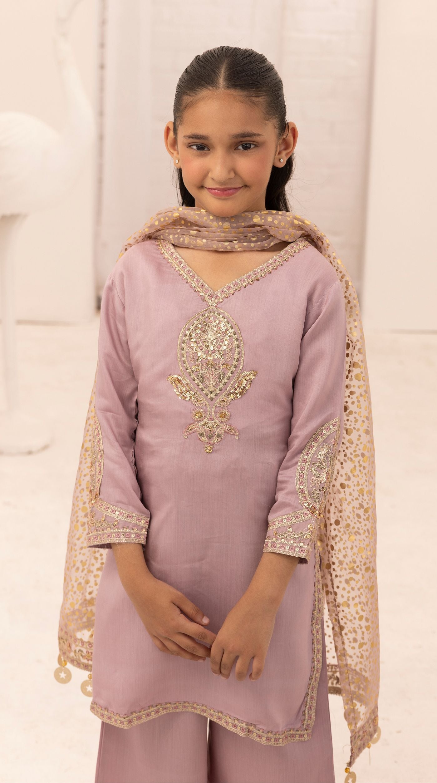 Kid's Purple Viscose Embroidered Kurta Palazzo Set