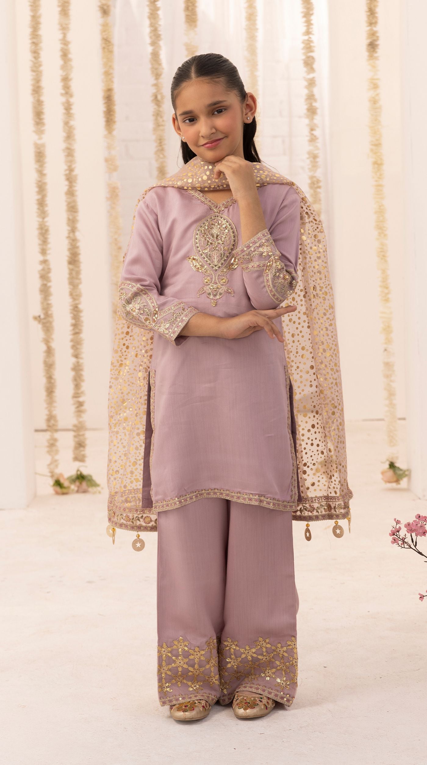 Kid's Purple Viscose Embroidered Kurta Palazzo Set