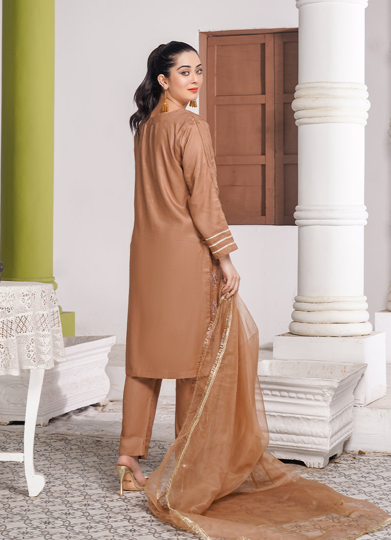 Mouse Brown Embroidered Linen Suit Set