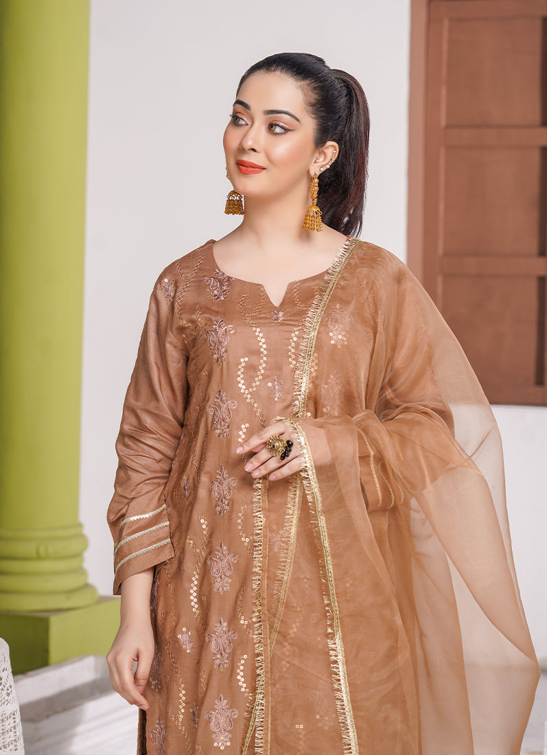 Mouse Brown Embroidered Linen Suit Set