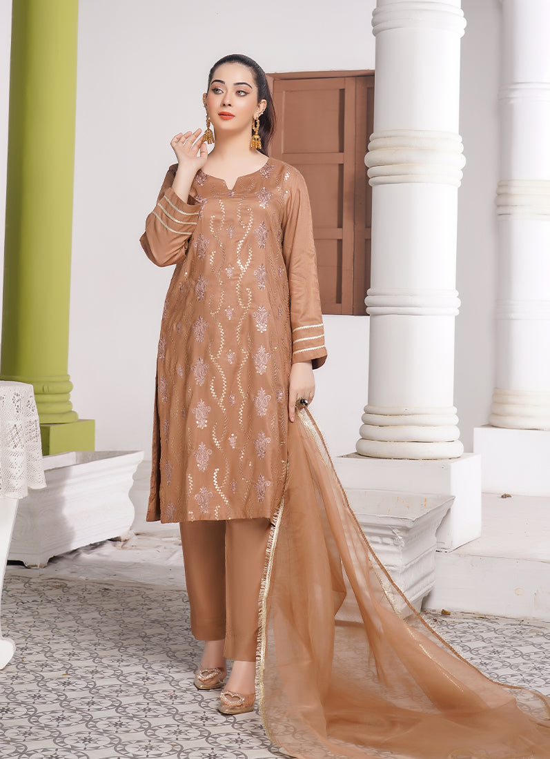 Mouse Brown Embroidered Linen Suit Set