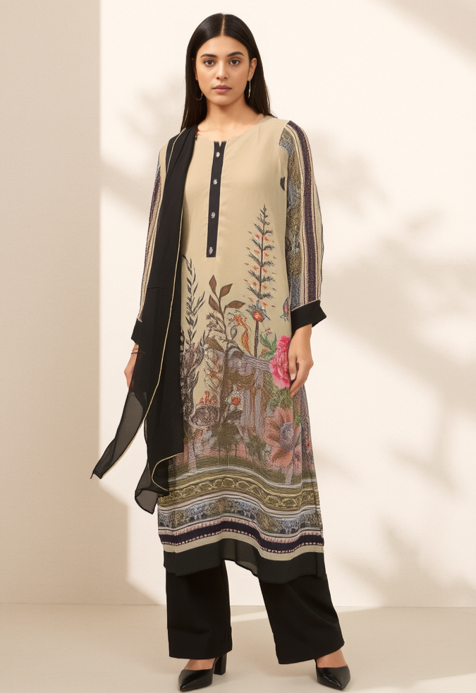 Dark Green Digital Printed Chiffon Suit Set