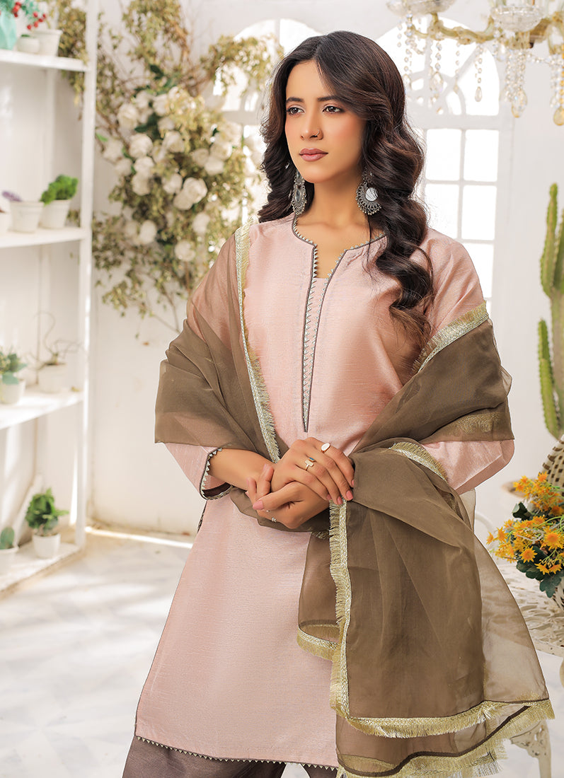 Peach-Mouse Raw Silk Suit Set