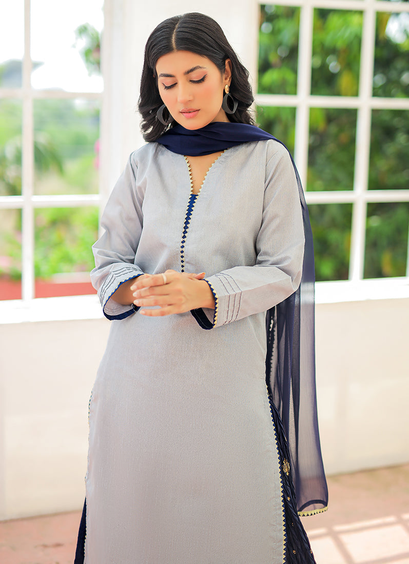 Grey-Navy Blue Sharara Suit Set