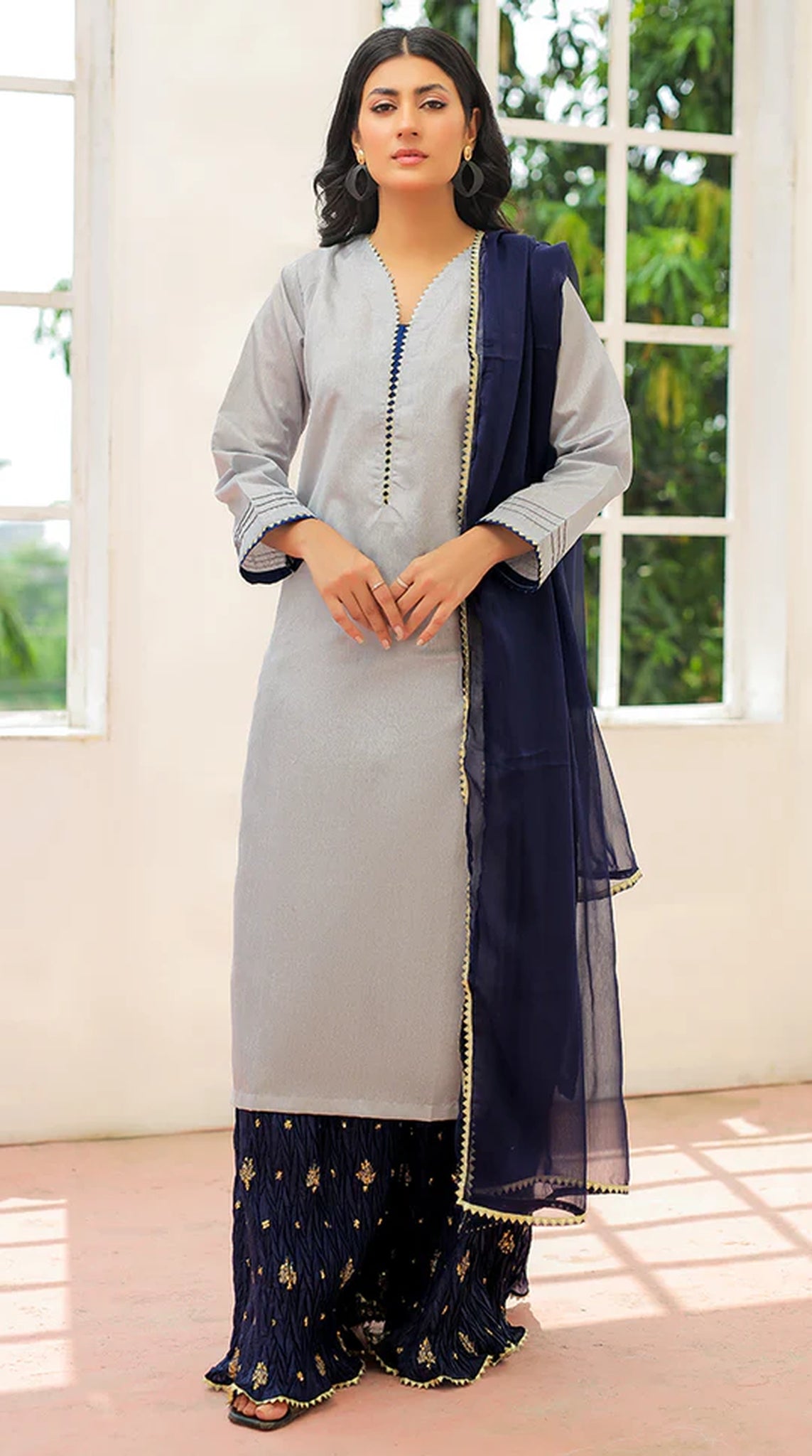 Grey-Navy Blue Sharara Suit Set