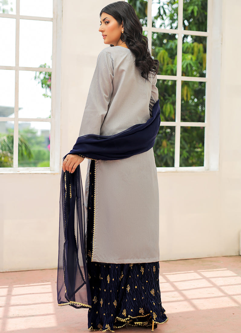 Grey-Navy Blue Sharara Suit Set