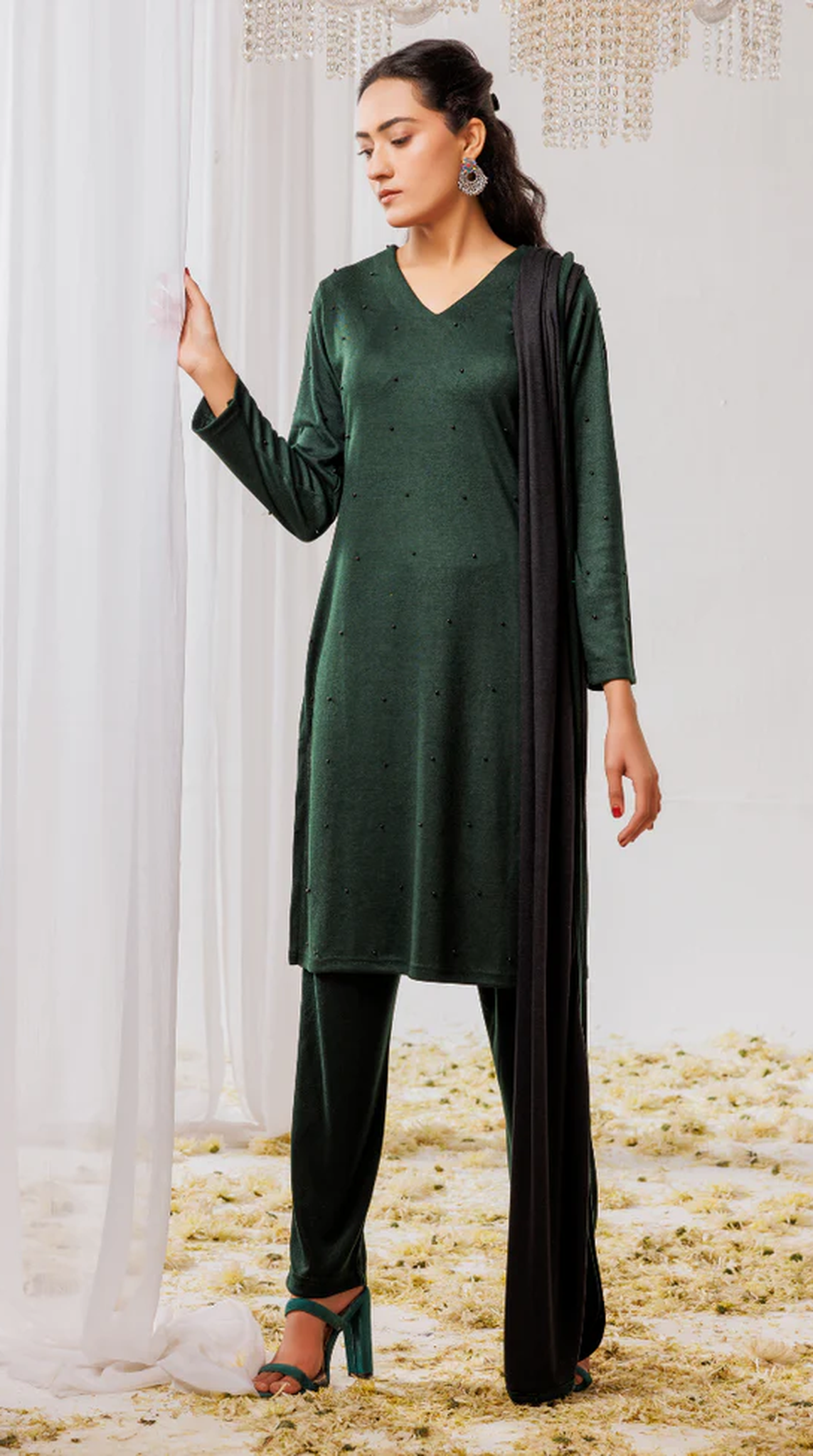 Green Woollen Knitwear Suits with Dupatta