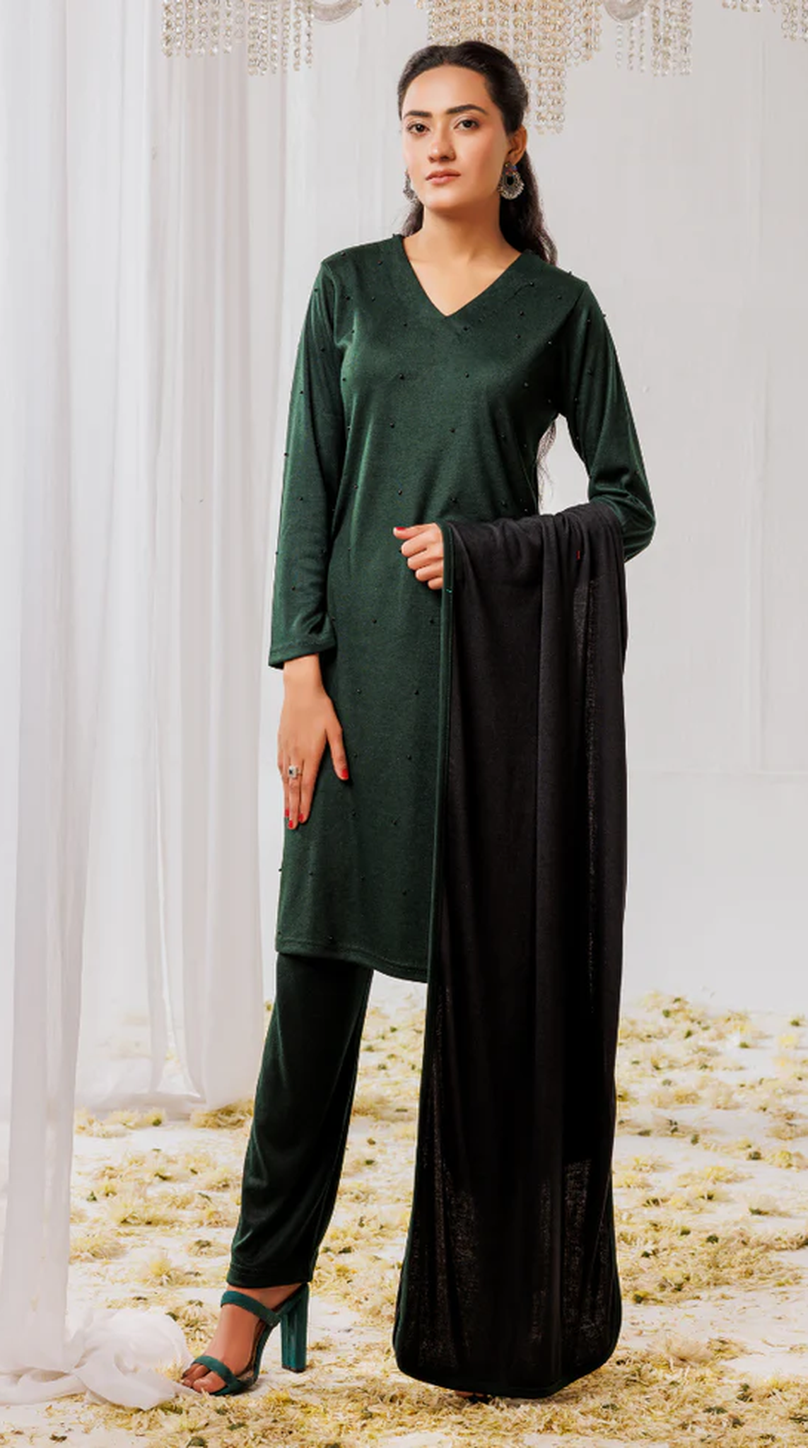 Green Woollen Knitwear Suits with Dupatta