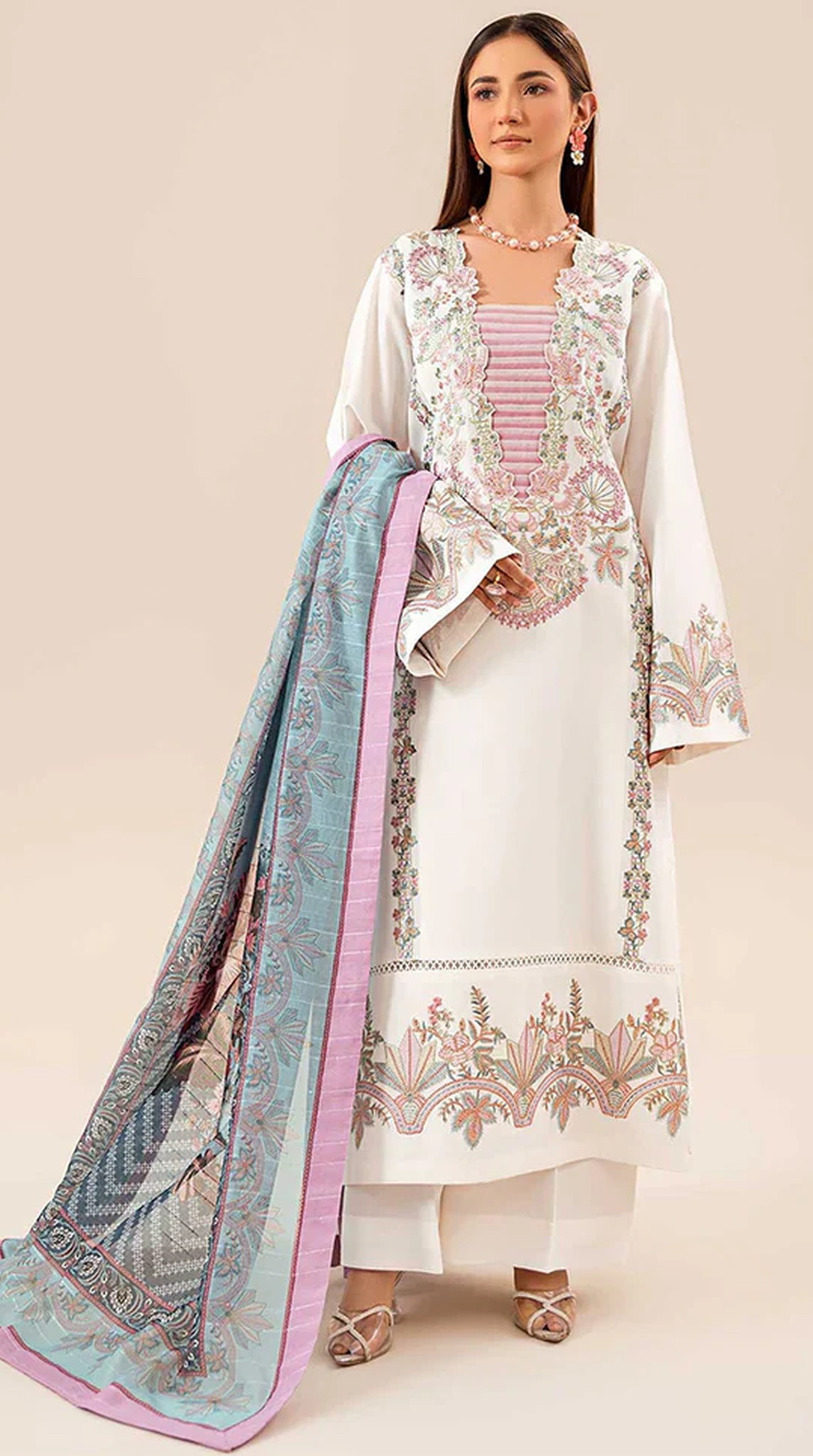 White Lawn Sequin Embroidered Suit Set