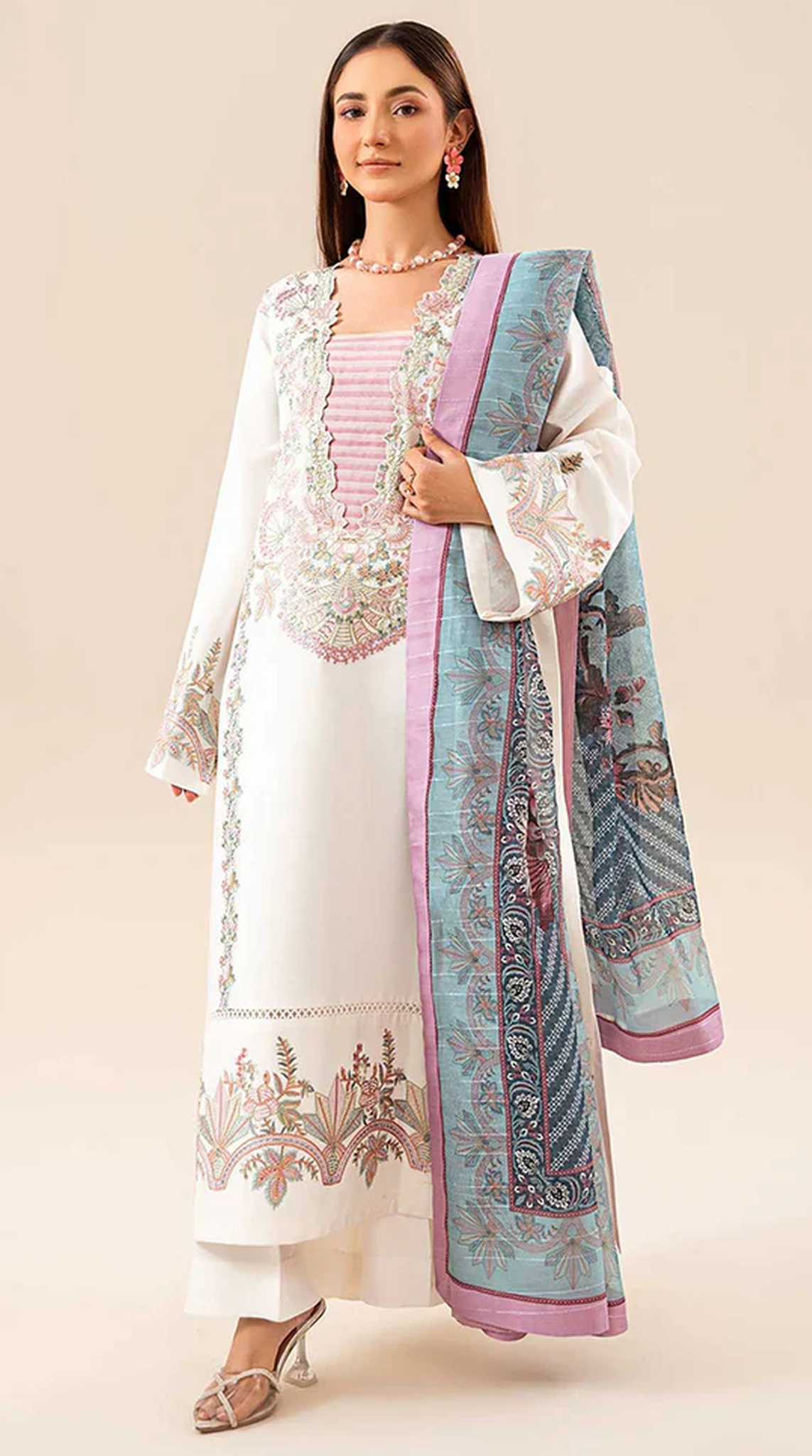 White Lawn Sequin Embroidered Suit Set
