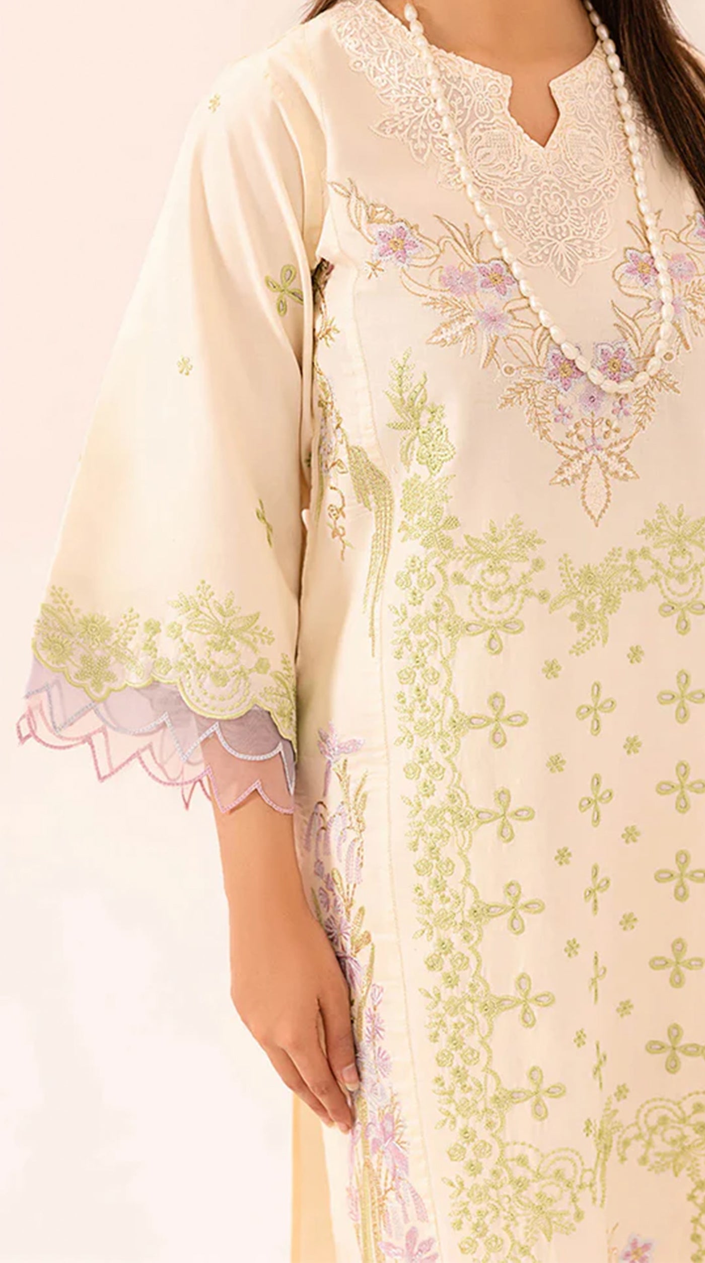 Cream Lawn Embroidered Suit Set