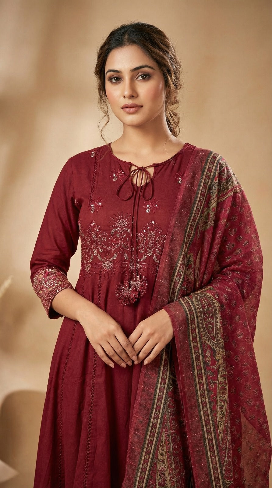 Maroon A line Kameez and Trouser Set