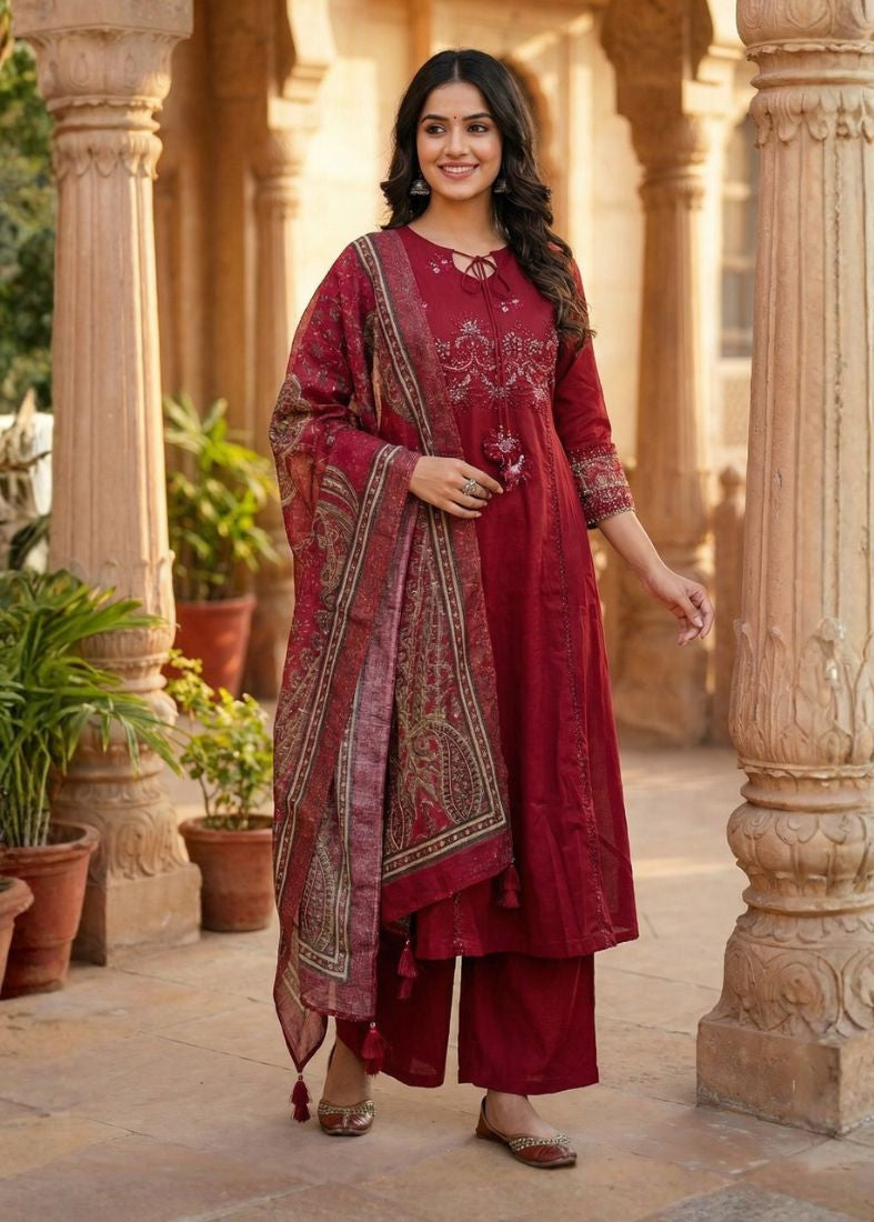 Maroon A line Kameez and Trouser Set