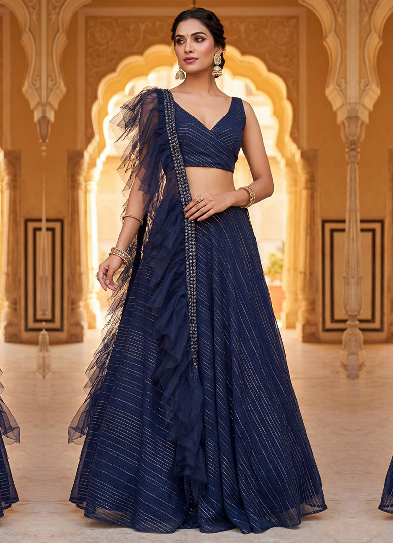 Blue Georgette Lurex Lehenga Set