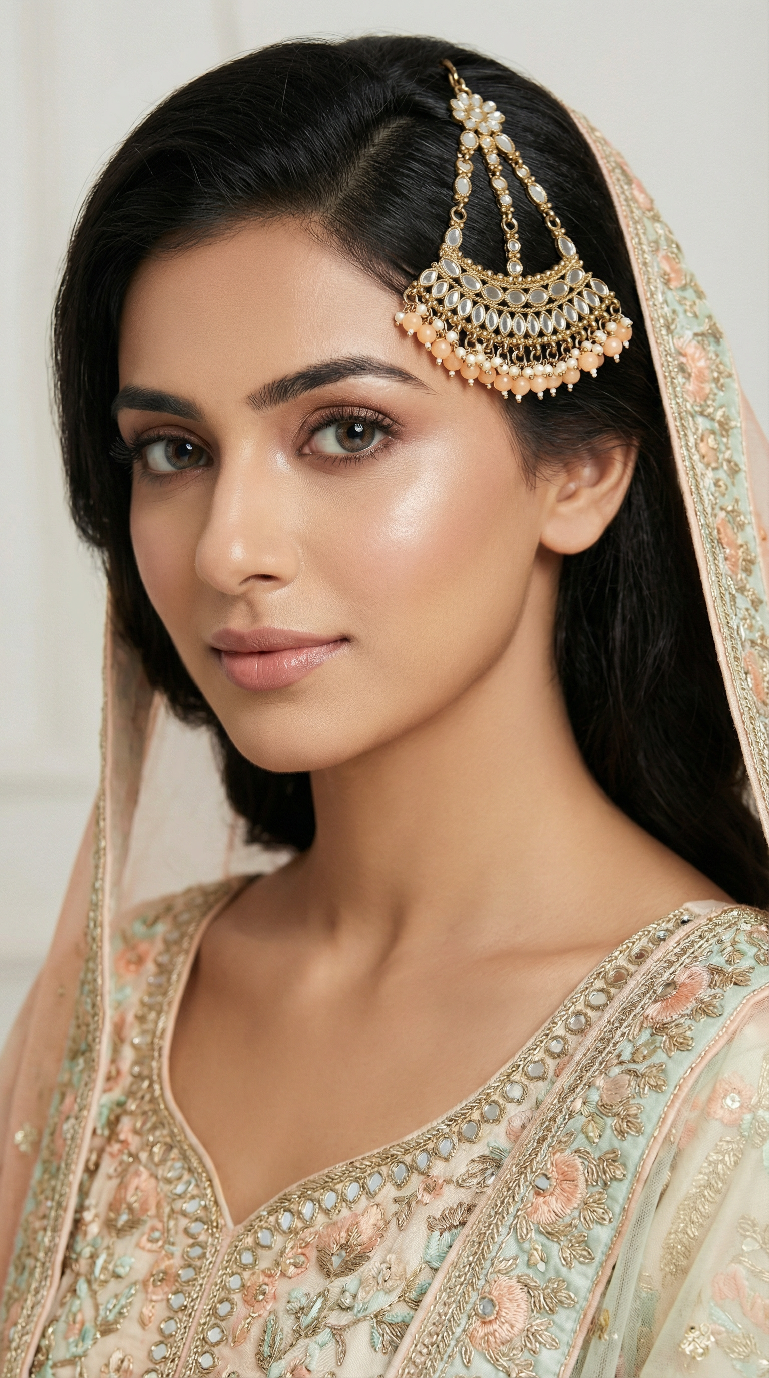 Peach Mirror Bloom Antique Gold Passa with Peach Beads & Pearl Finish