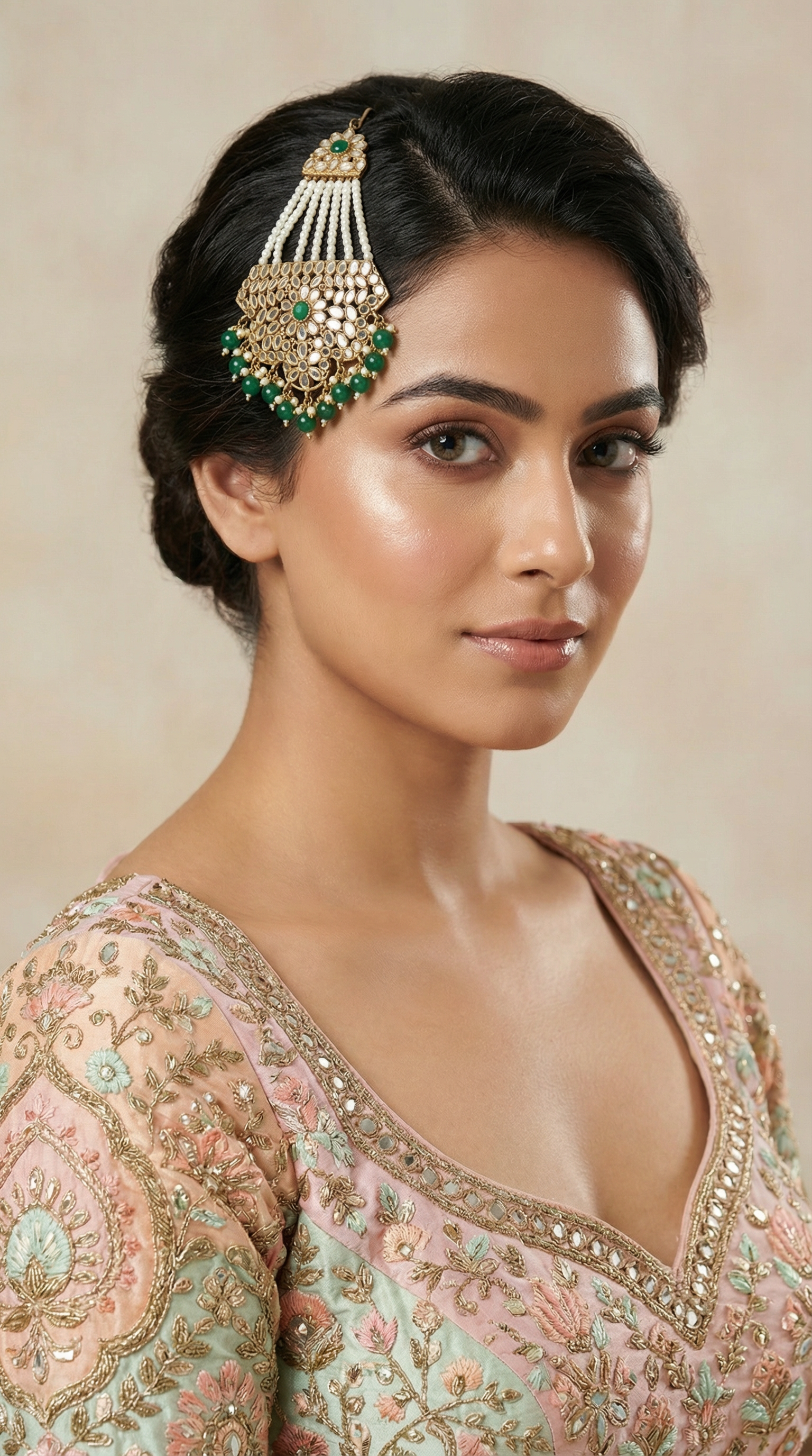 Emerald Mirror Antique Gold Passa with Green Beads