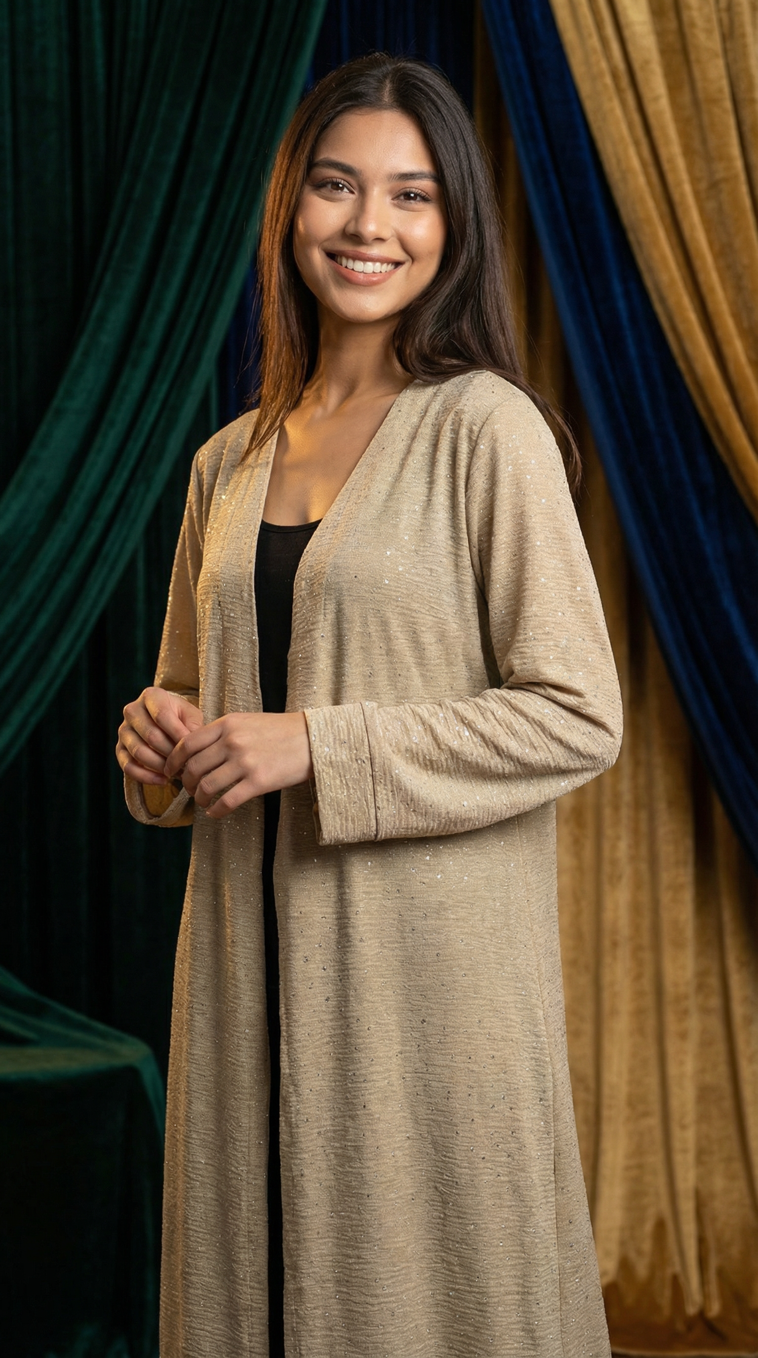 Elegant Beige Maxi Open Cardigan