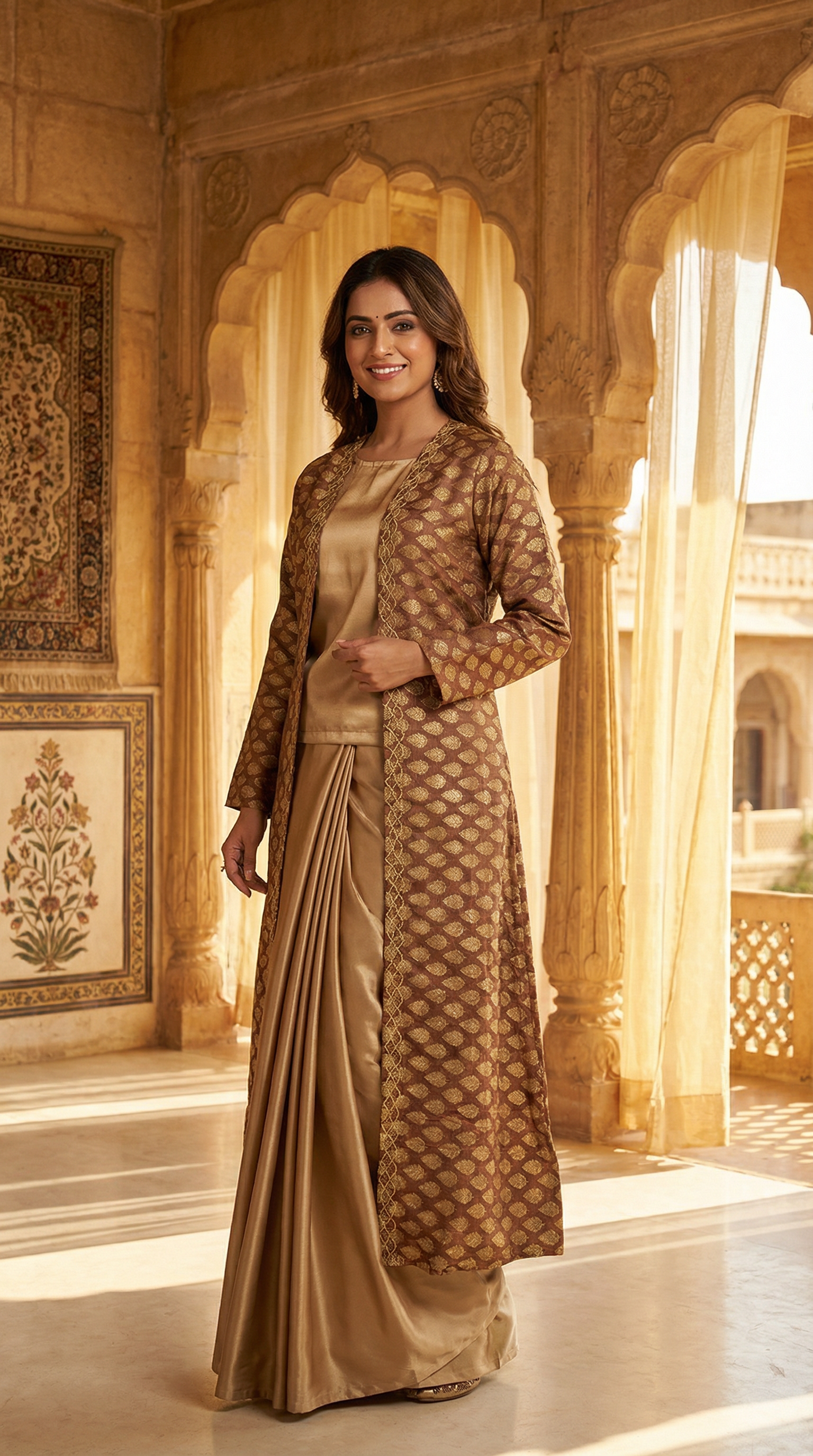 Gold Satin Saree with a Long Blouse & Brocade Jacket