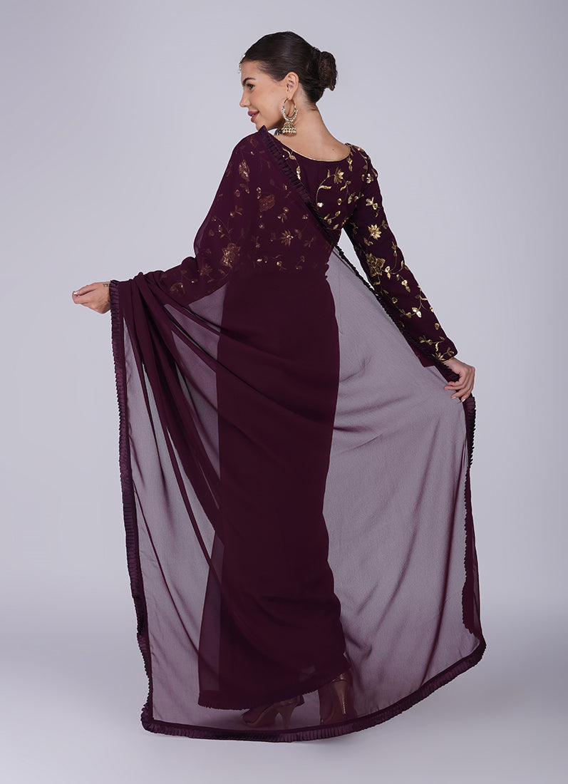 Wine Zari Embroidered Saree