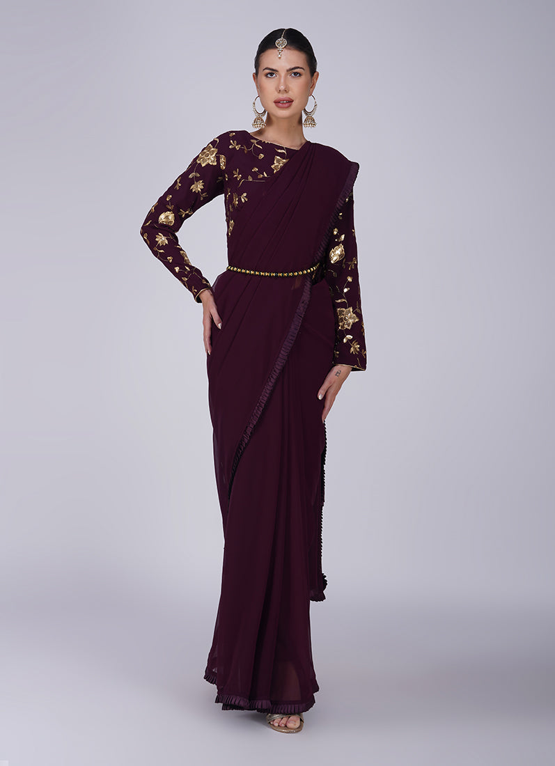 Wine Zari Embroidered Saree