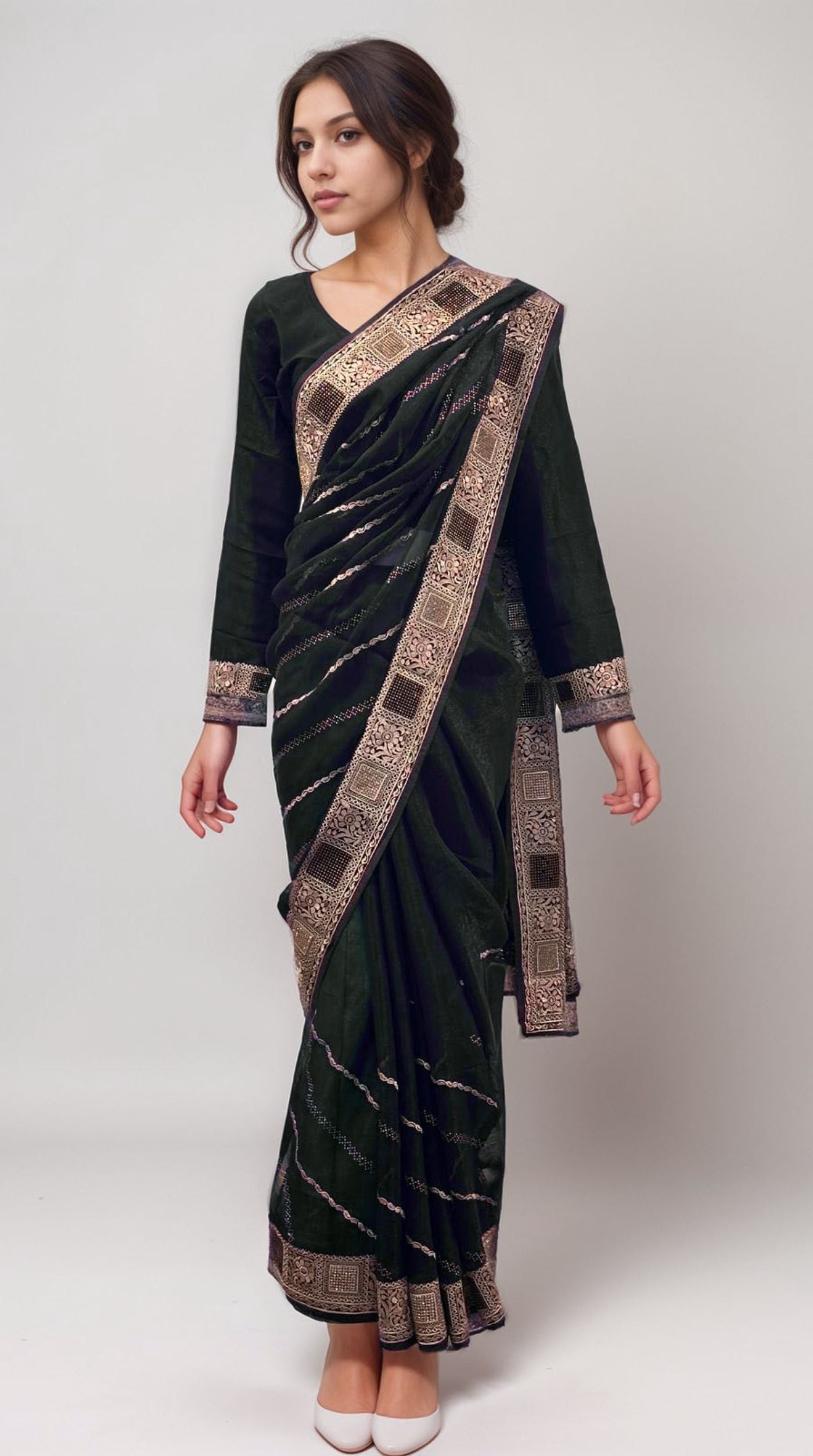 Military Green Embroidered Shimmer Saree