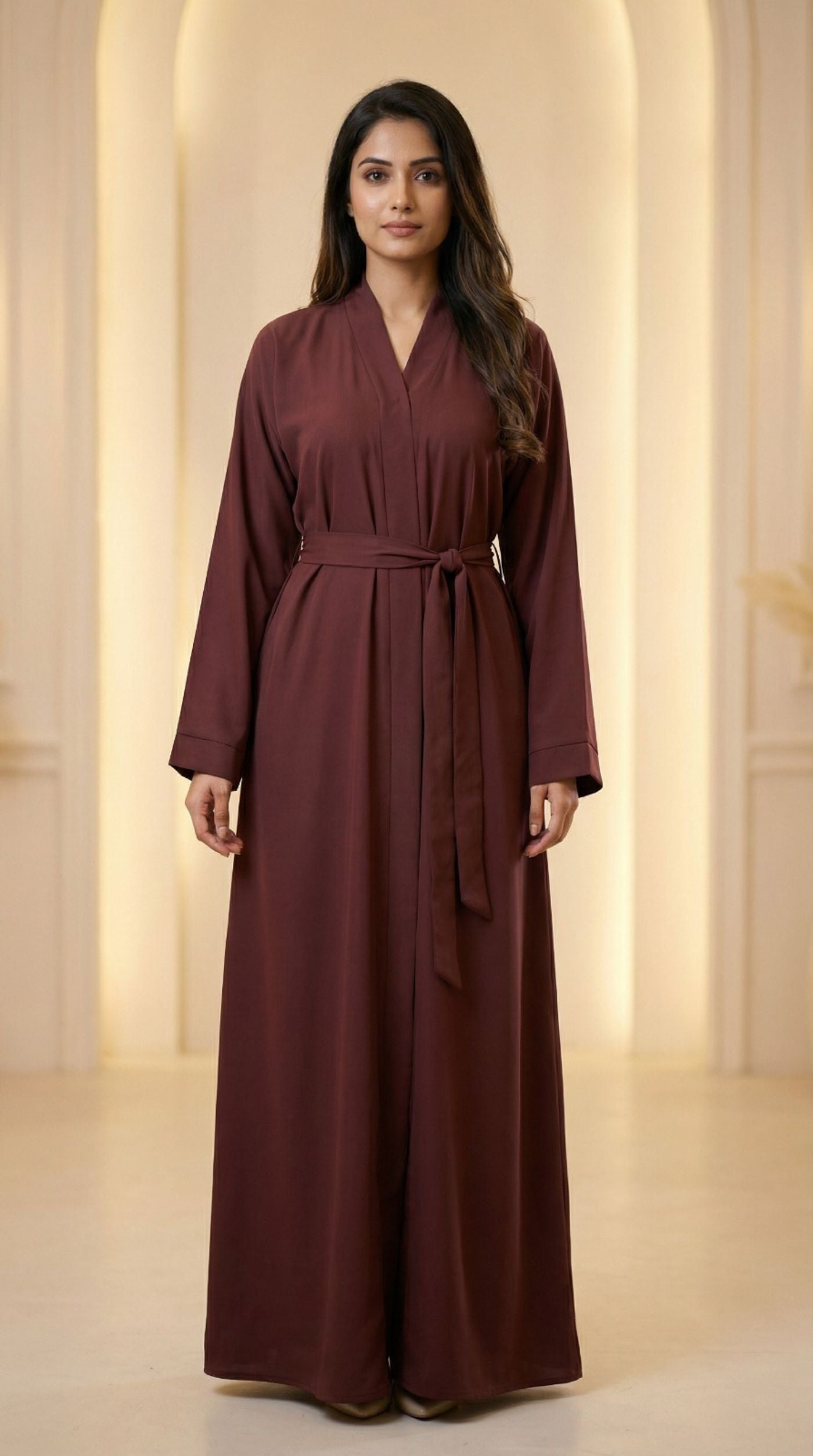 Wine Plain Abaya With Matching Belt