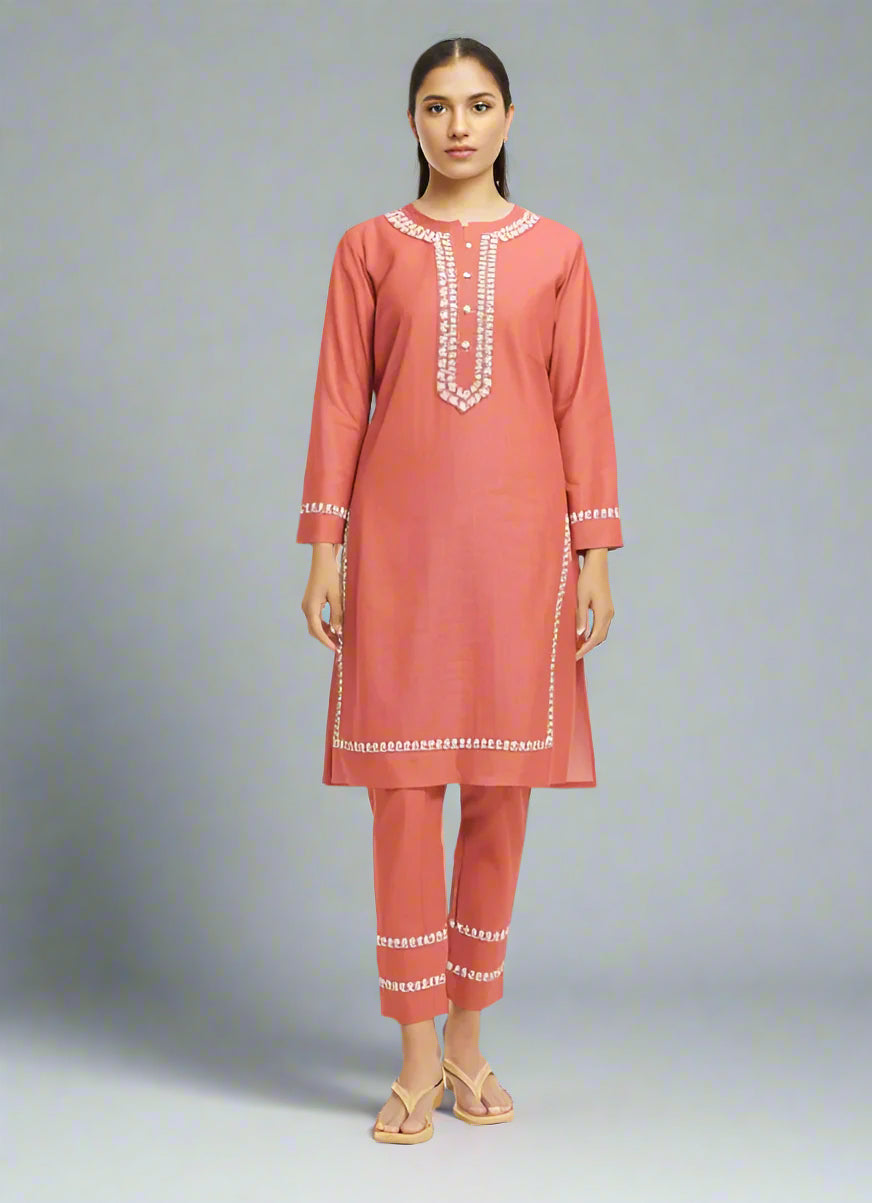 Pink Linen Embroidered Co-ord Set