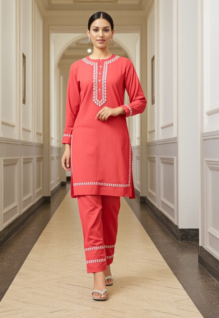 Pink Linen Embroidered Co-ord Set