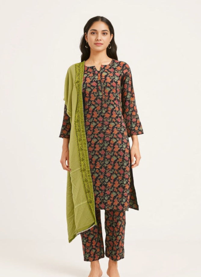 Black Printed Trouser Suit with Mendhi Embroidered Dupatta