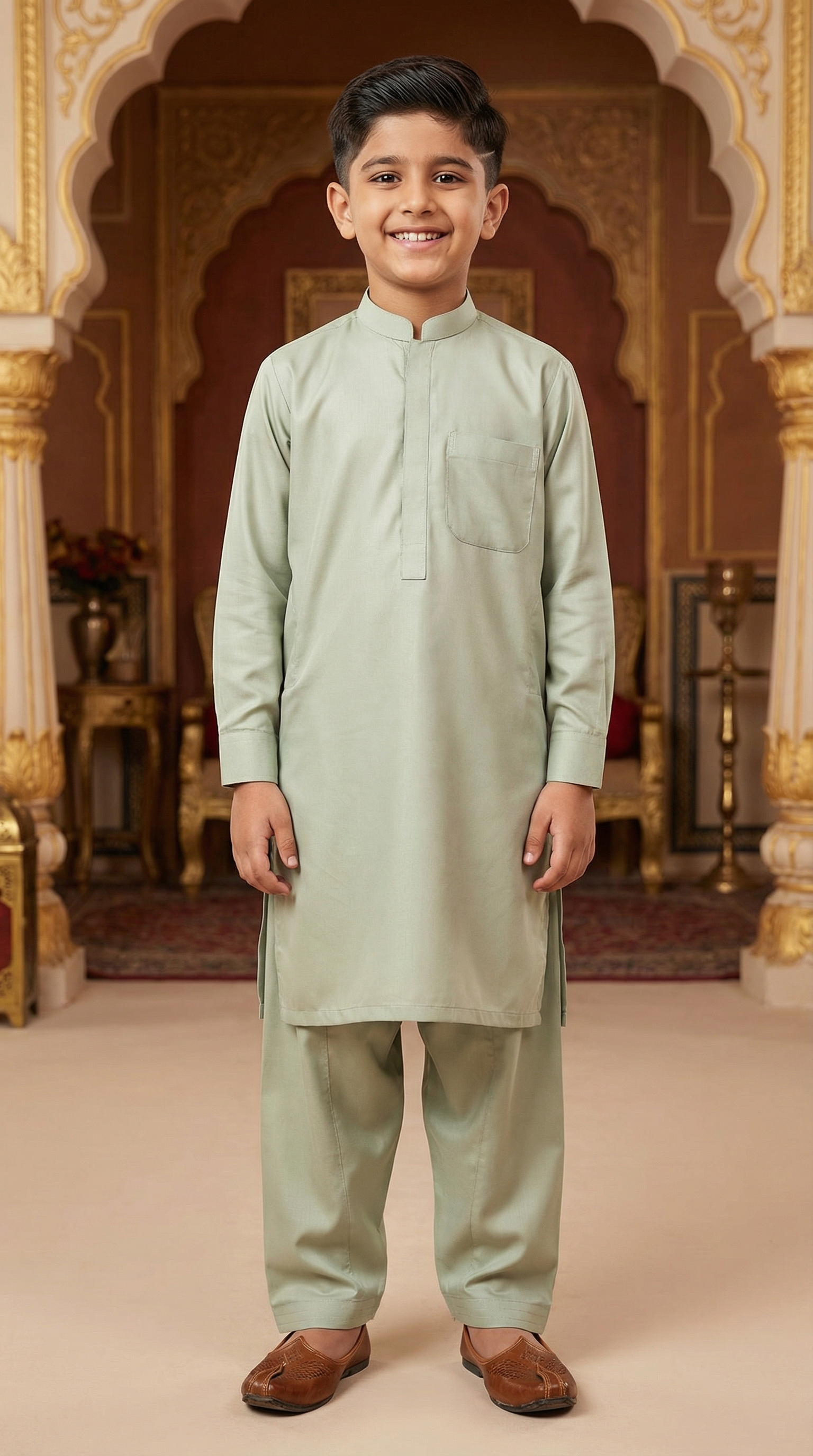Boys sage green band collar kurta salwar set front view festive ethnic wear