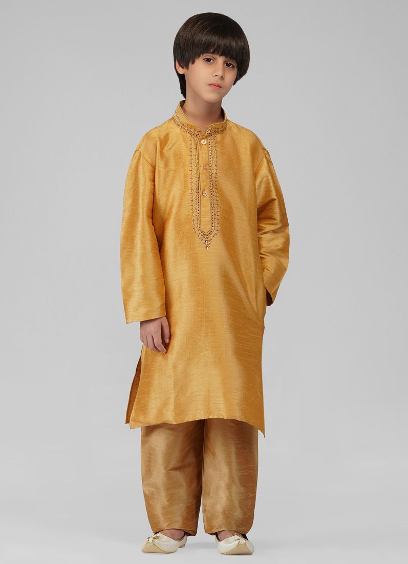 Buy Gold Resham Embroidered Dupion Silk Kurta Churidaar Set