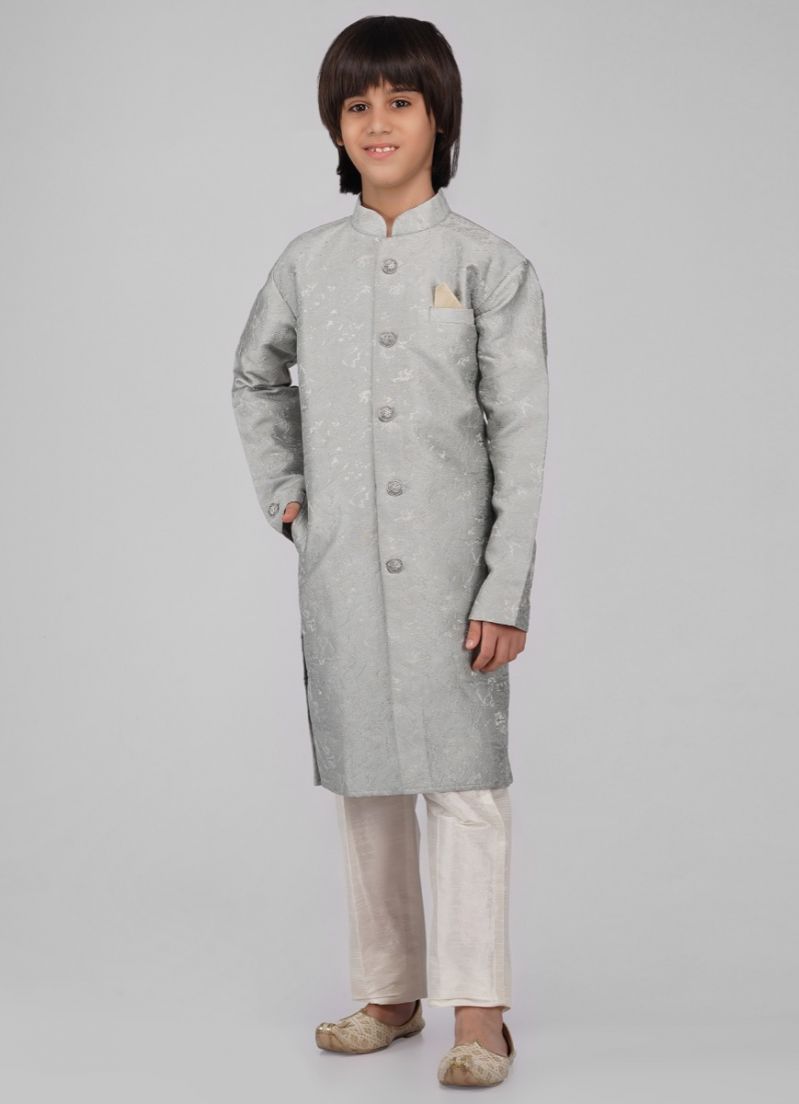 Buy Boy's Light Blue Poly jacquard Shervani Pajama Set