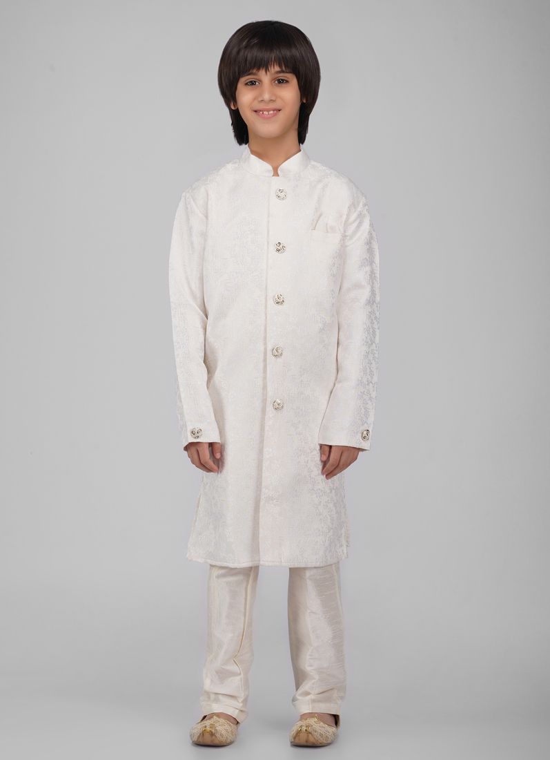 Buy Boy's Cream Poly jacquard Shervani Pajama Set