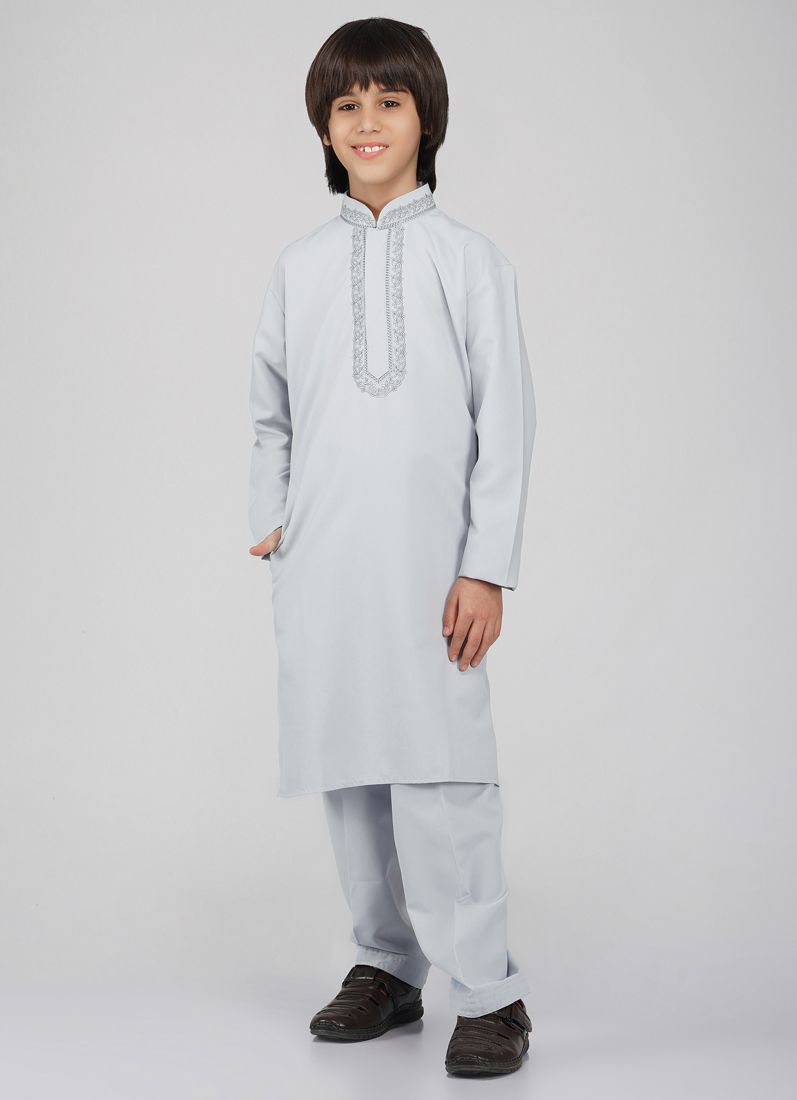 Buy Boy's Grey Poyester Resham Thread Embroidered Kurta Salwar Set