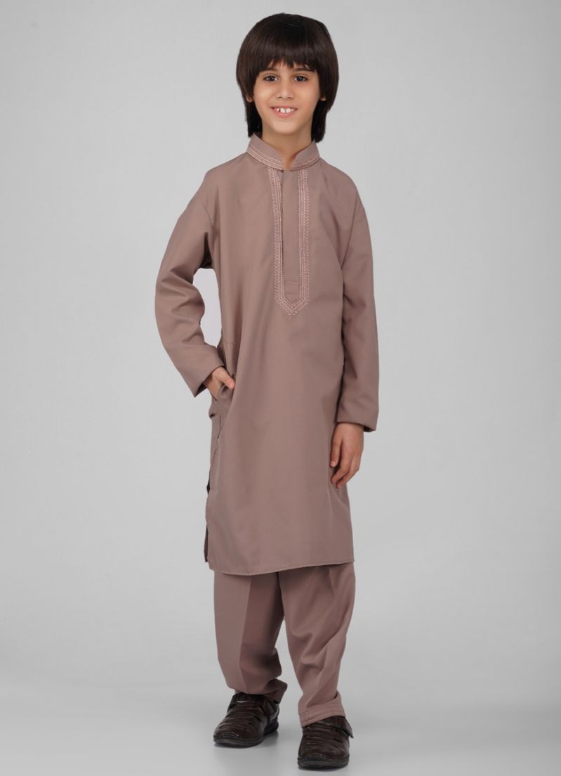 Buy Boy's Brown Poyester Resham Thread Embroidered Kurta Salwar Set