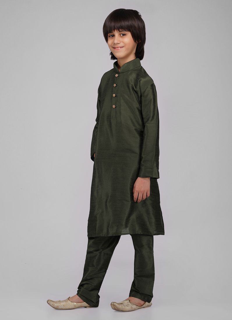 Buy Boy's Green Raw Silk Kurta Pajama Set