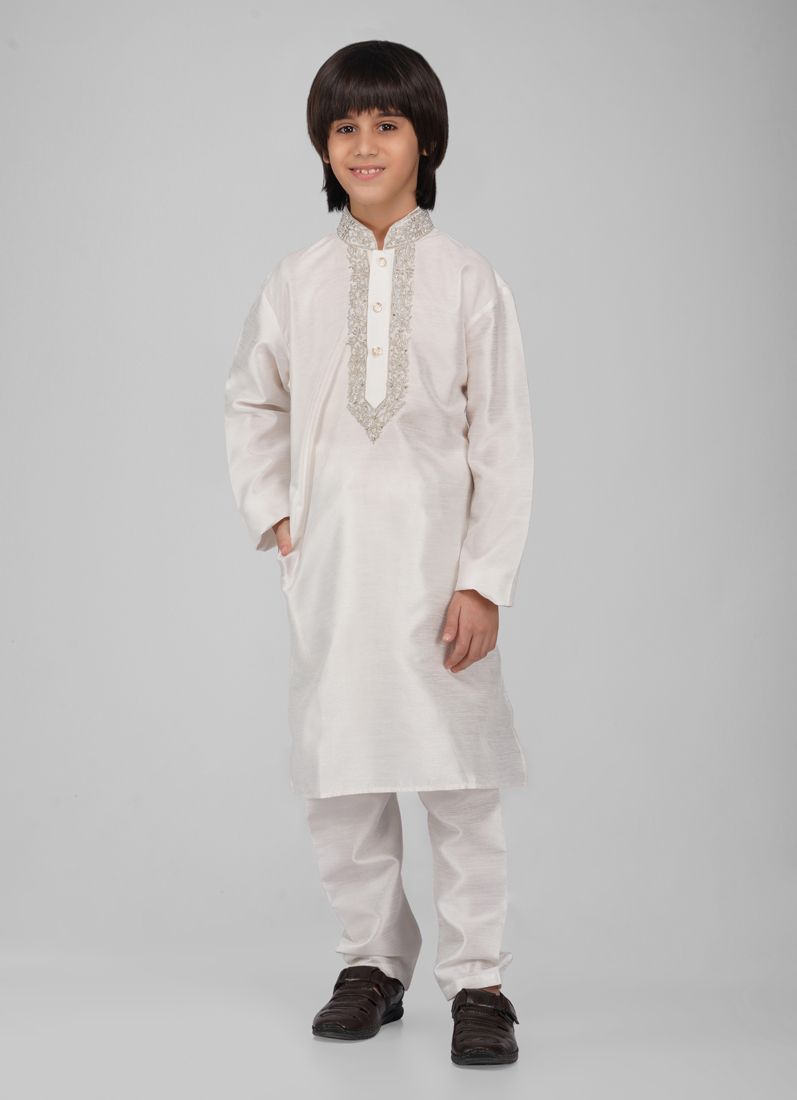 Buy Boy's Off-White Zari Embroidered Raw Silk Kurta Pajama Set
