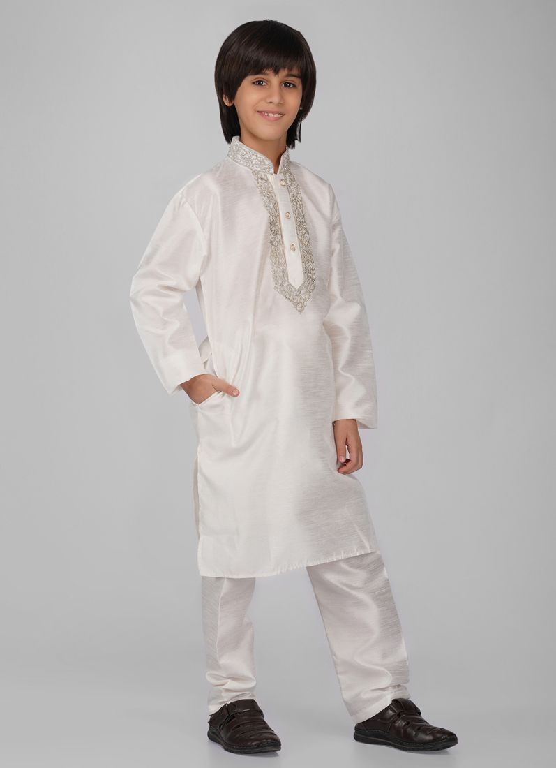 Buy Boy's Off-White Zari Embroidered Raw Silk Kurta Pajama Set
