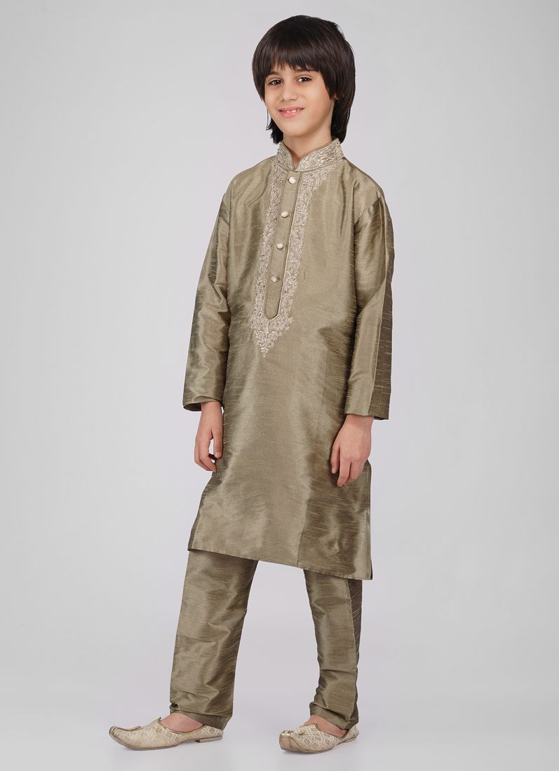 Buy Boy's Gold Zari Embroidered Raw Silk Kurta Pajama Set