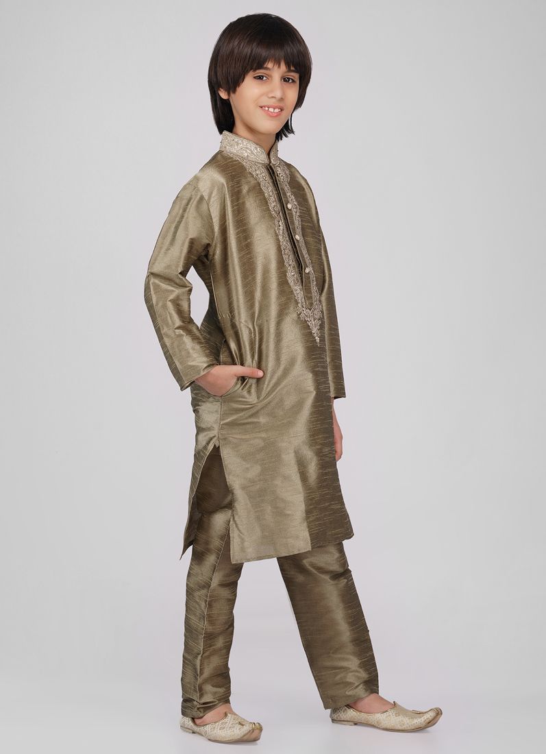 Buy Boy's Gold Zari Embroidered Raw Silk Kurta Pajama Set