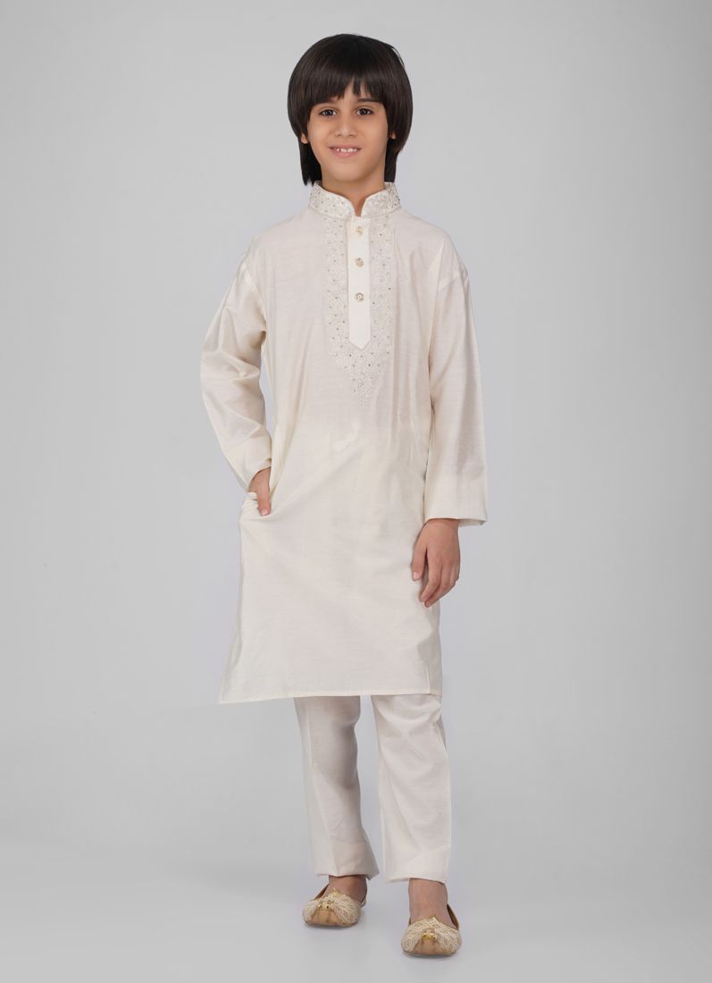 Buy Boy's White Poly Viscose Whit Embroidered Kurta Pajama Set