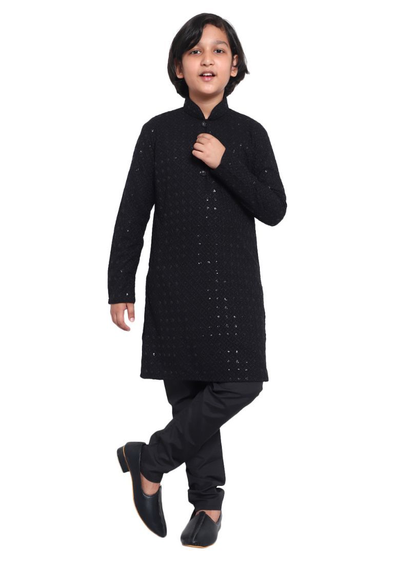 Buy Kid's Black Chickankari Kurta Pajama Set