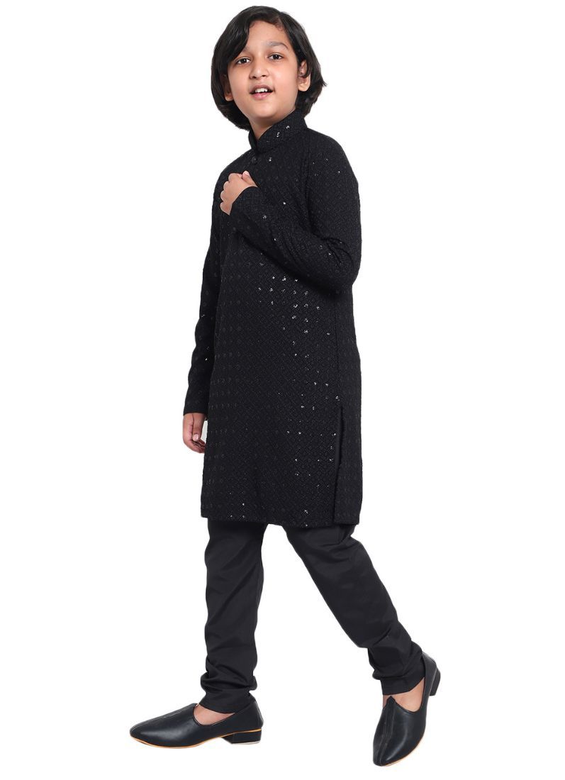 Buy Kid's Black Chickankari Kurta Pajama Set